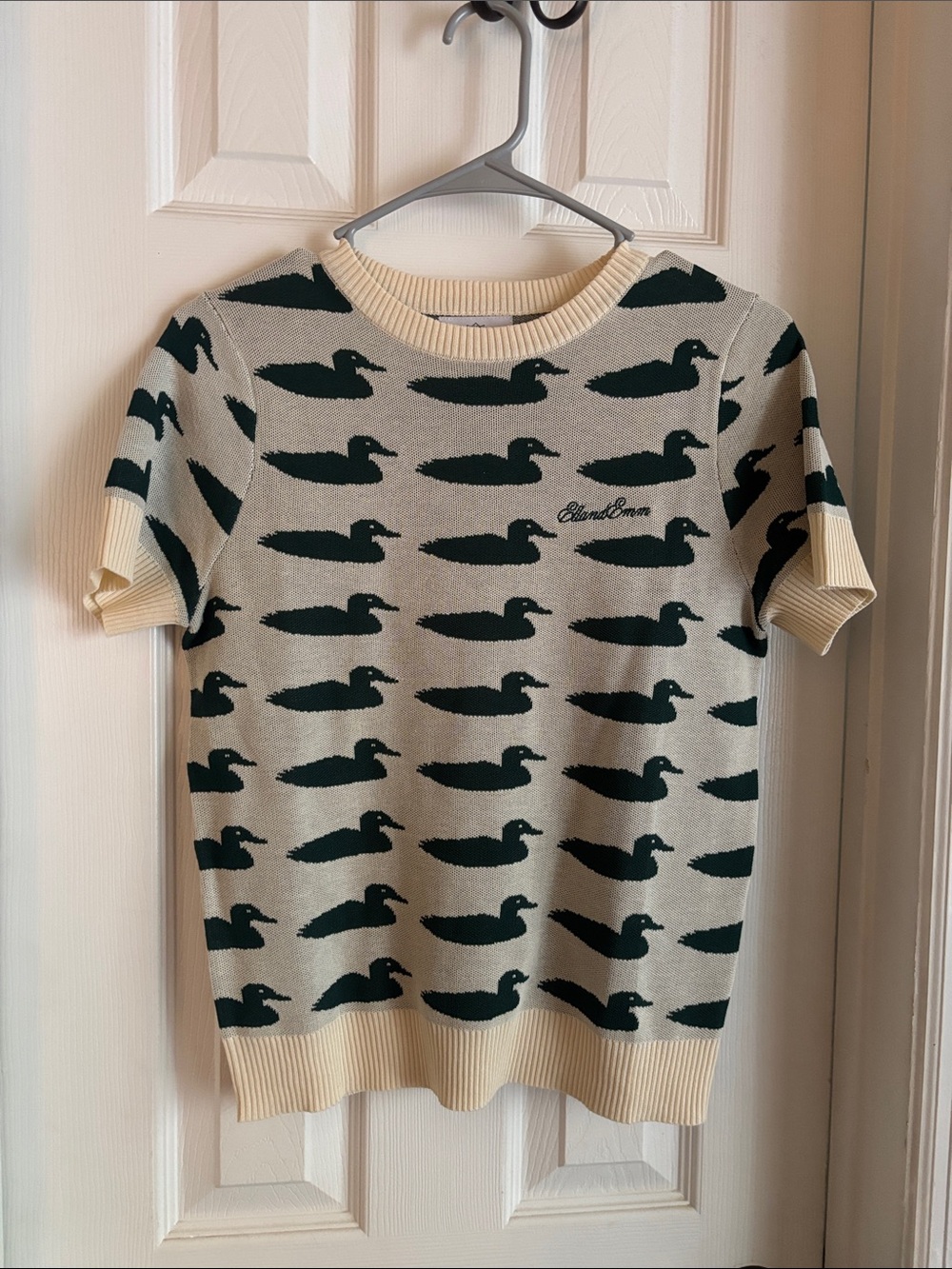 Cream Short-Sleeve Sweater with Green Duck Pattern